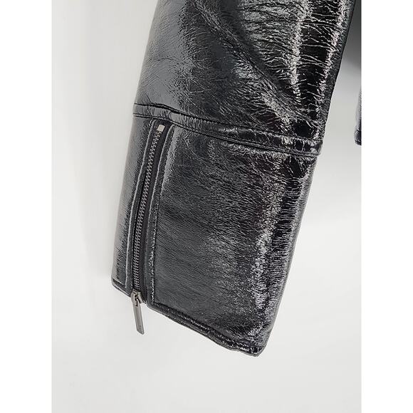 Unreal Fur Black Wet Look Aviator Jacket Faux Leather & Fur Collar Women’s M - Picture 8 of 8